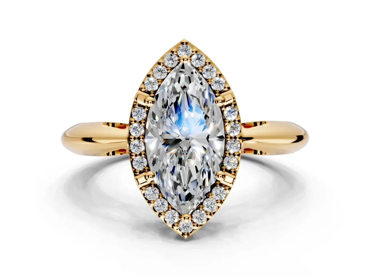 Halo Engagement Ring Setting for Marquise Center with Tapered Plain Band and Prong Head in Yellow Gold