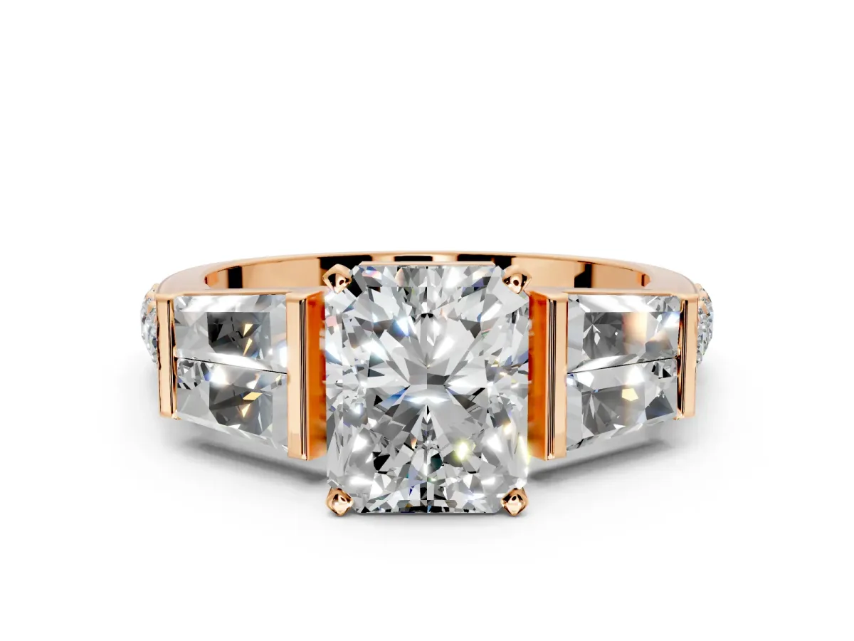 Channel-Set Engagement Ring Setting for Radiant Cut Center with Baguette Band and Prong Head in Rose Gold