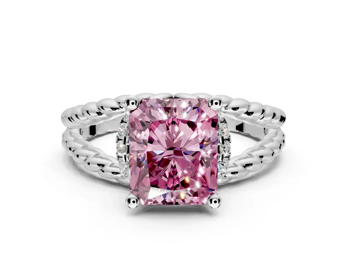 Halo Engagement Ring Setting for Fancy Pink Radiant Cut Center with Rope Twist Split Shank and Prong Head in Sterling Silver