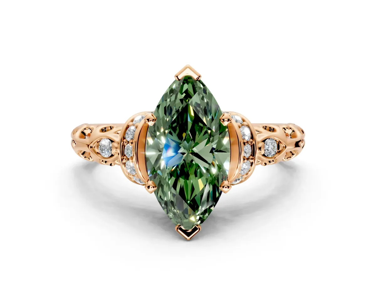 Solitaire Engagement Ring Setting for Fancy Green Marquise Center with Filigree Band and Prong Head in Rose Gold