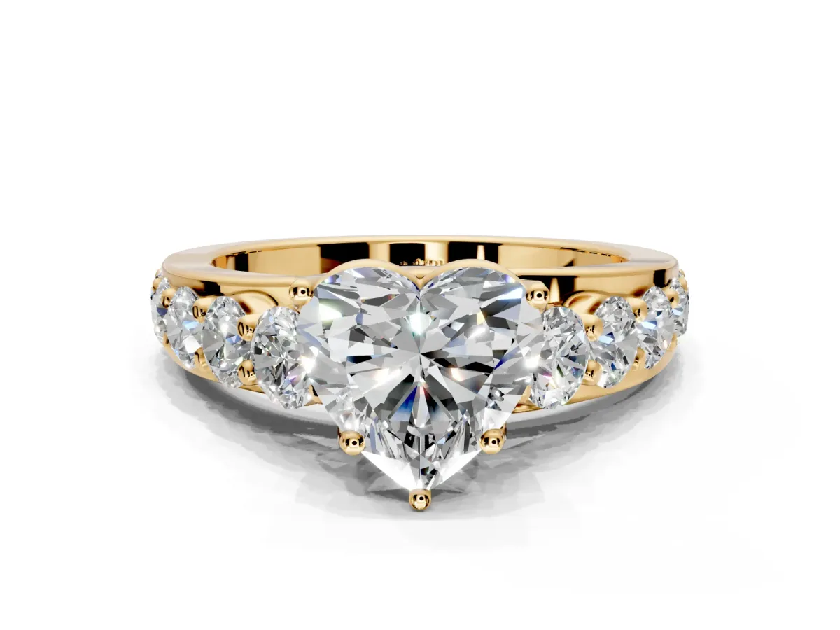 Solitaire Engagement Ring Setting for Heart-Shaped Center with Graduated Shared Prongs and Prong Head in Yellow Gold