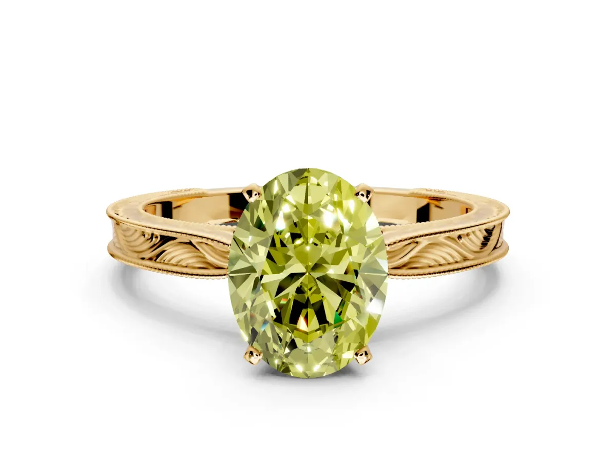 Solitaire Engagement Ring Setting for Fancy Yellow Oval Center with Engraved Milgrain Band and Prong Head in Yellow Gold