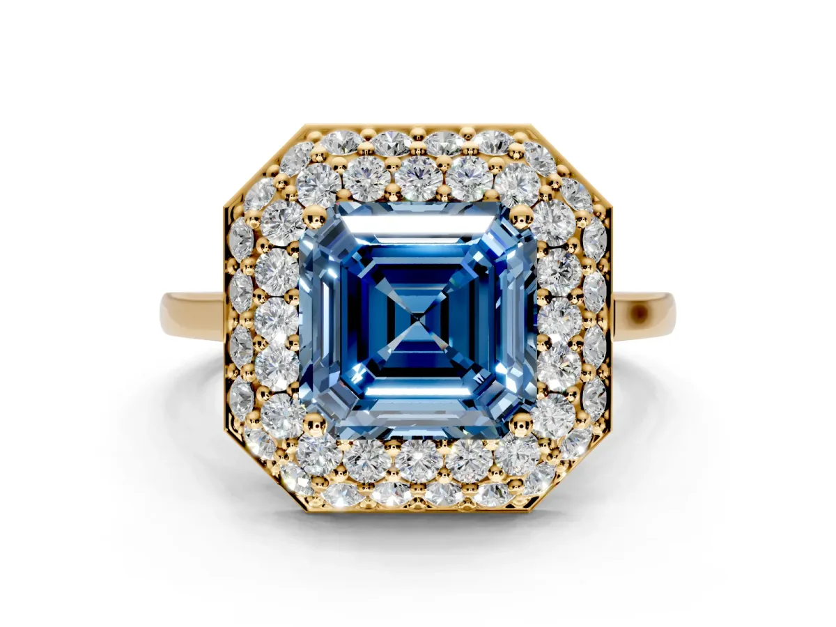 Halo Engagement Ring Setting for Fancy Blue Asscher Cut Center with Plain Tapered Band and Prong Head in Yellow Gold