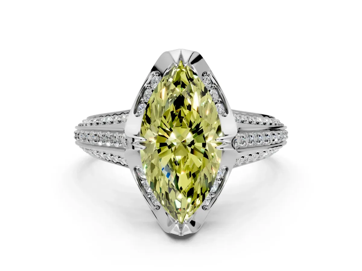 Solitaire Engagement Ring Setting for Fancy Yellow Marquise Center with Accented Split Shank and Prong Head in White Gold