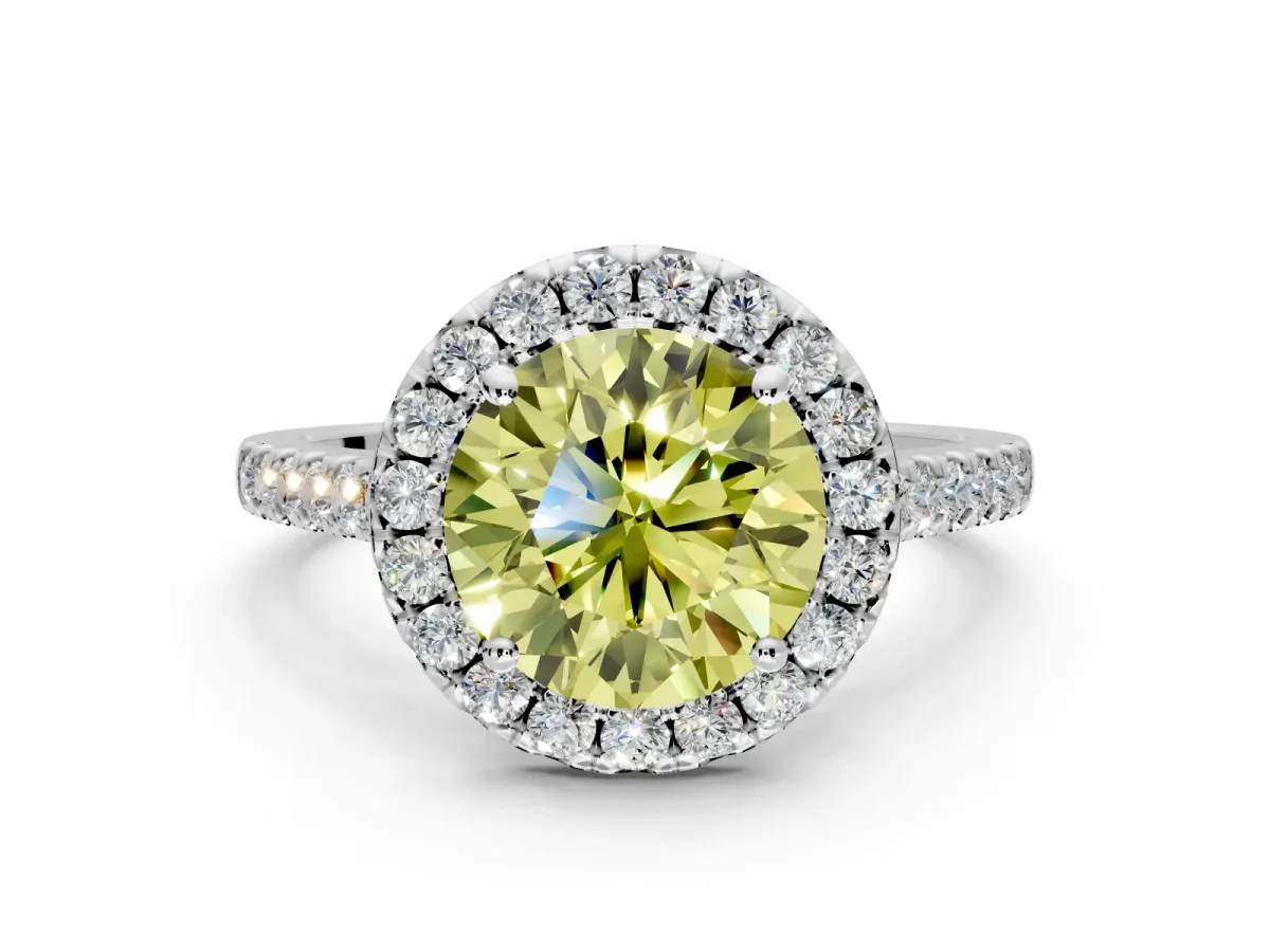 Halo Engagement Ring Setting for Fancy Yellow Round Cut Center with Narrowing Pave Band and Prong Head in Sterling Silver