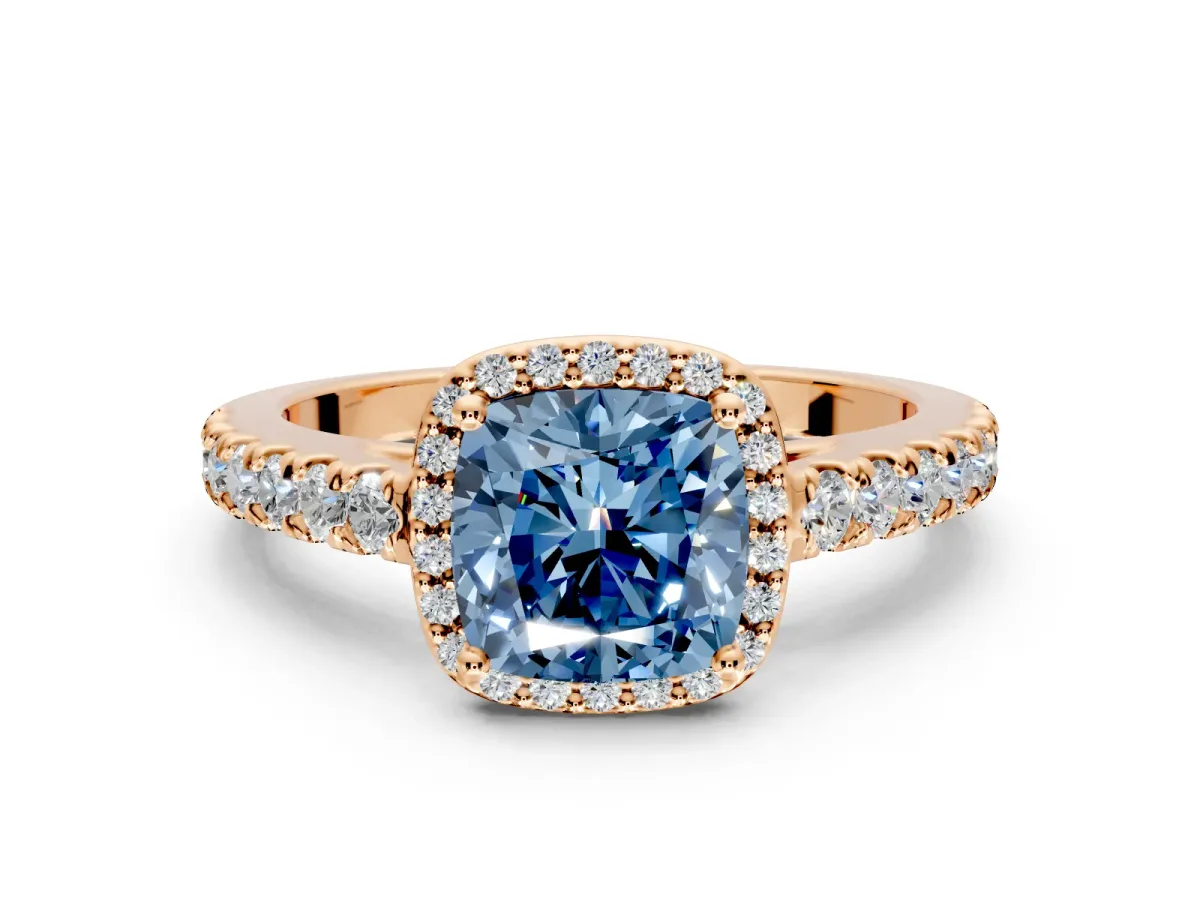 Halo Engagement Ring Setting for Fancy Blue Cushion Cut Center with Full Pave Band and Prong Head in Rose Gold