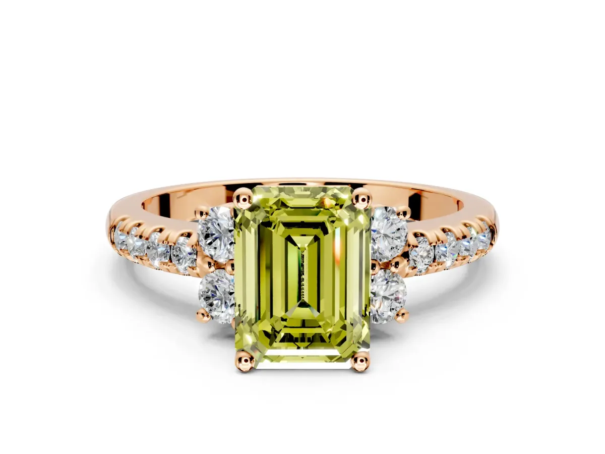 Paired Accent Engagement Ring Setting for Fancy Yellow Emerald Cut Center with Pave Band and Prong Head in Rose Gold