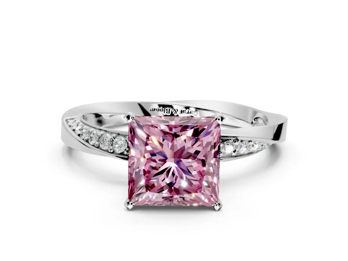 Side Accent Engagement Ring Setting for Fancy Pink Princess Cut Center with Accent Shoulders and Prong Head in Platinum