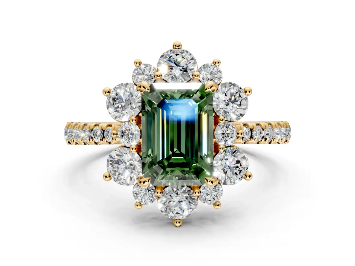 Floral Halo Engagement Ring Setting for Fancy Green Emerald Cut Center with Pave Accents and Prong Head in Yellow Gold