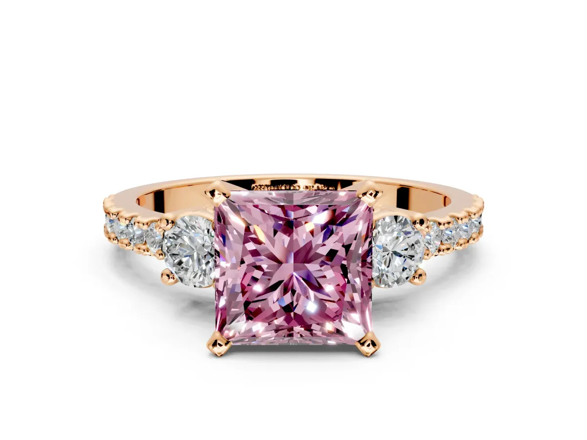 3 Stone Engagement Ring Setting for Fancy Pink Princess Cut Center with Round Cut Side Accents and Prong Head in Rose Gold