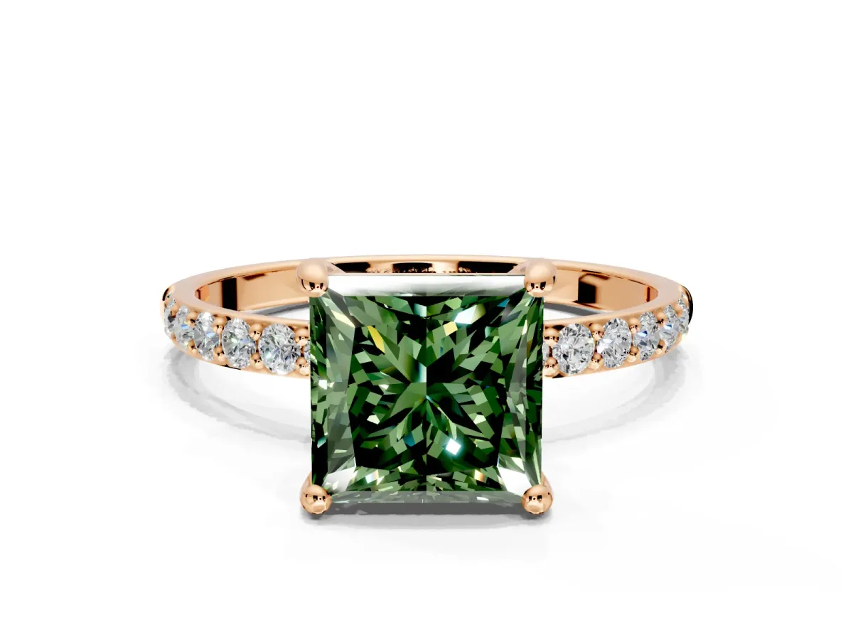 Solitaire Engagement Ring Setting for Fancy Green Princess Cut Center with Pave Accents and Prong Head in Rose Gold