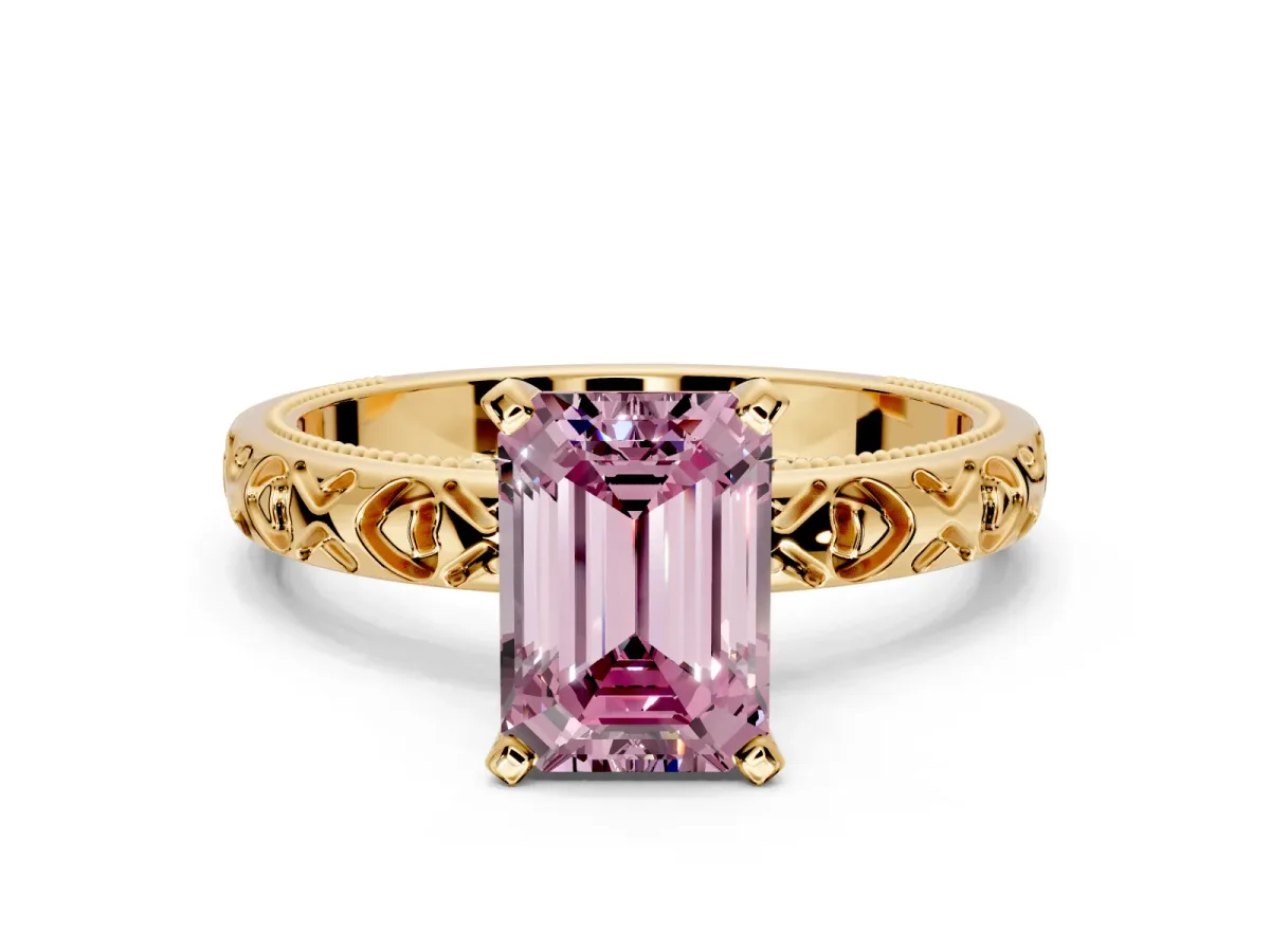 Solitaire Engagement Ring Setting for Fancy Pink Emerald Cut Center with XO Engraved Band and Prong Head in Yellow Gold