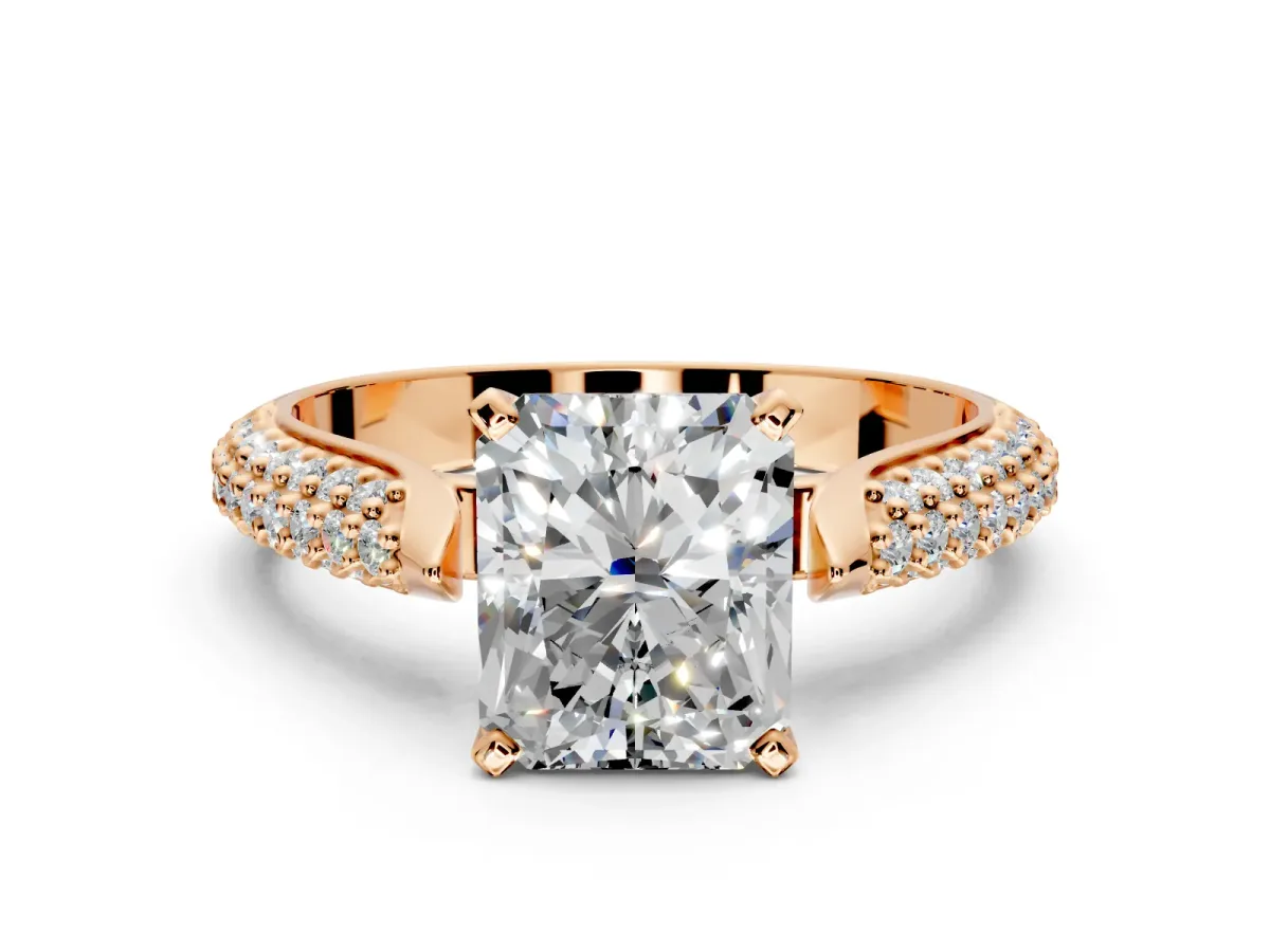 Solitaire Engagement Ring Setting for Radiant Cut Center with Multi-Row Accents and Prong Head in Rose Gold