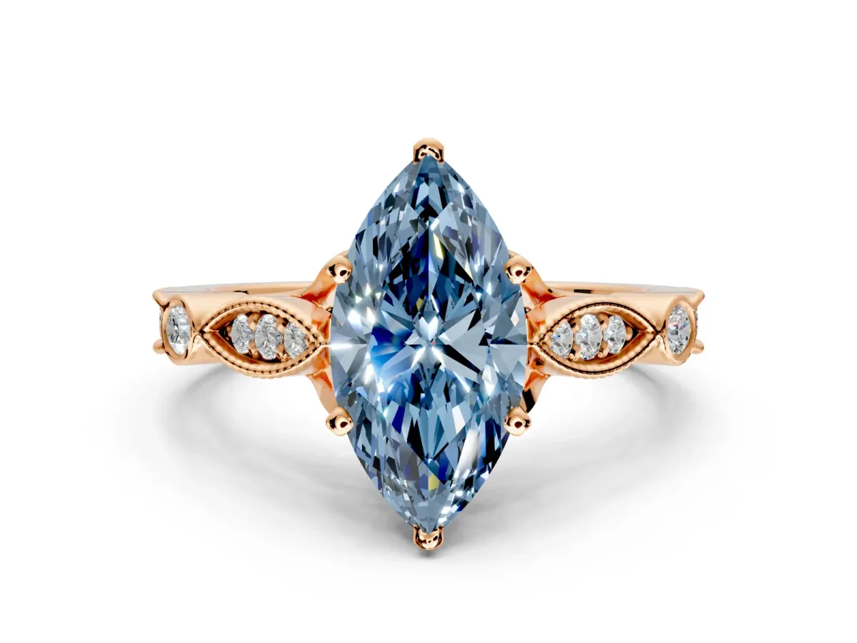 Solitaire Engagement Ring Setting for Fancy Blue Marquise Center with Marquise and Bezel Accents and Prong Head in Rose Gold