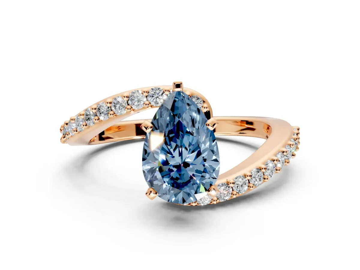 Solitaire Engagement Ring Setting for Fancy Blue Pear-Shaped Center with Pave Bypass Swirl Band and Prong Head in Rose Gold