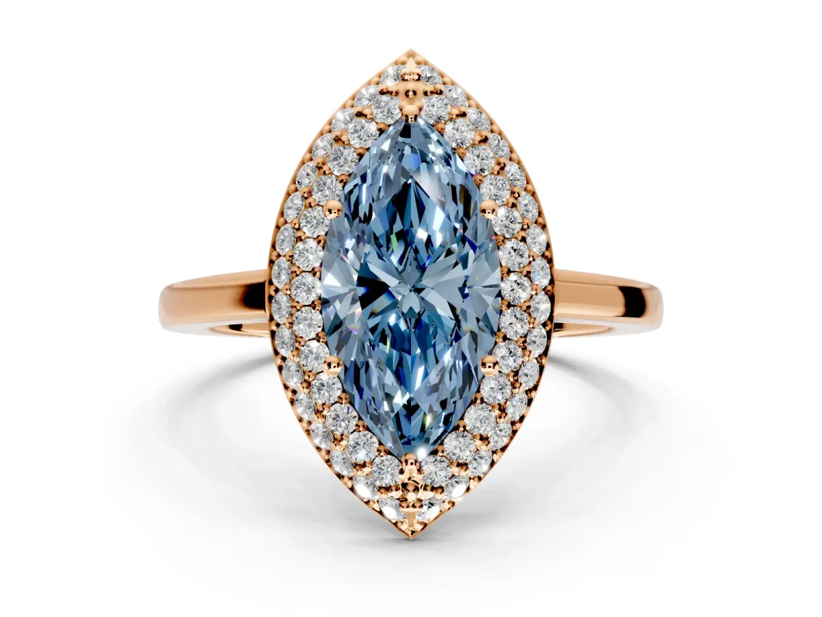 Halo Engagement Ring Setting for Fancy Blue Marquise Center with Plain Tapered Band and Prong Head in Rose Gold