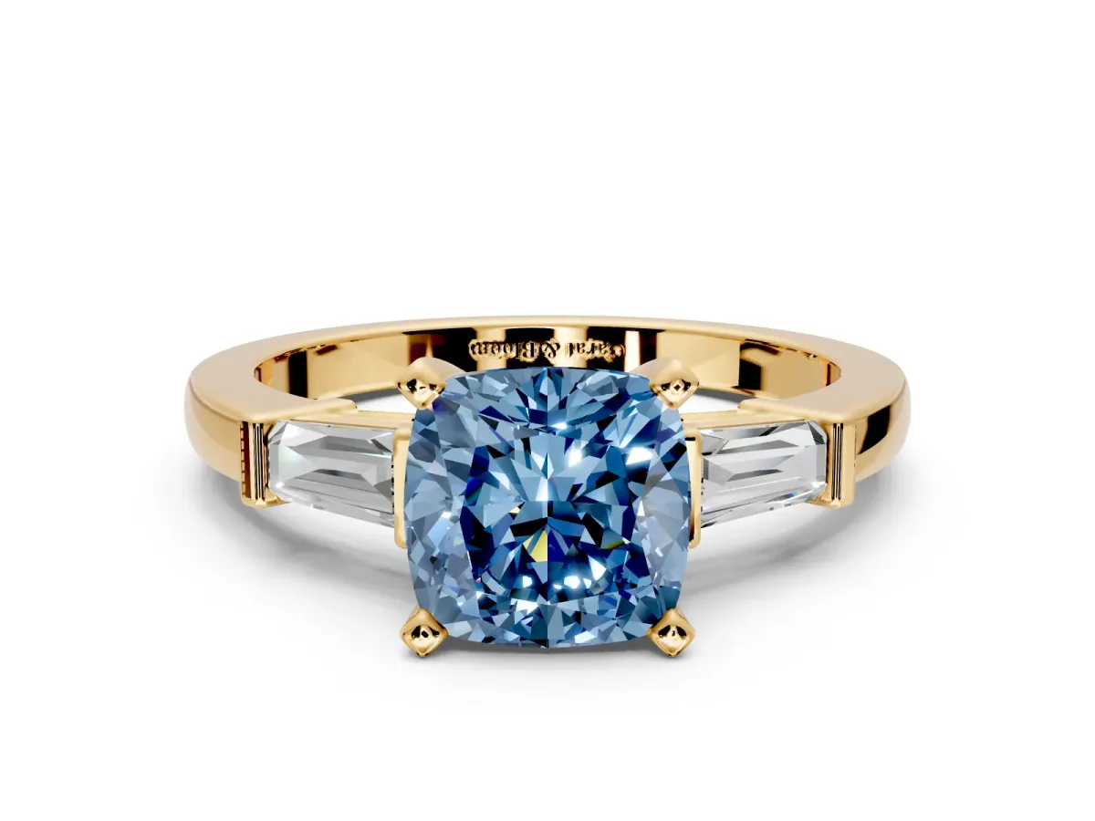 3 Stone Engagement Ring Setting for Fancy Blue Cushion Cut Center with Channel Baguette Accents and Prong Head in Yellow Gold