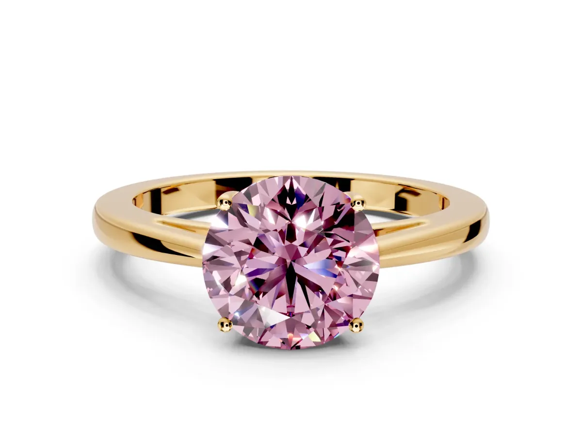 Solitaire Engagement Ring Setting for Fancy Pink Round Cut Center with Open Cathedral Shoulders and Prong Head in Yellow Gold