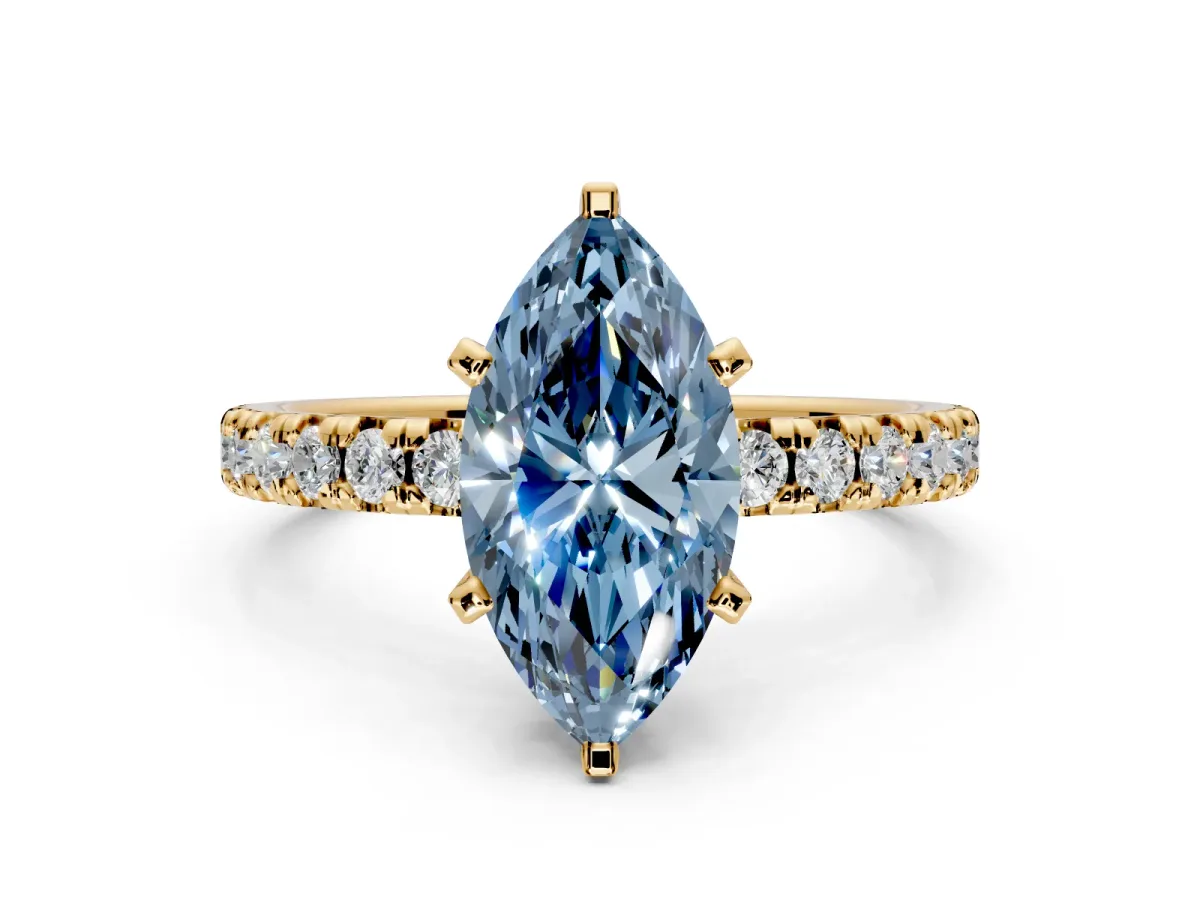 Solitaire Engagement Ring Setting for Fancy Blue Marquise Center with Large Accents and Prong Head in Yellow Gold