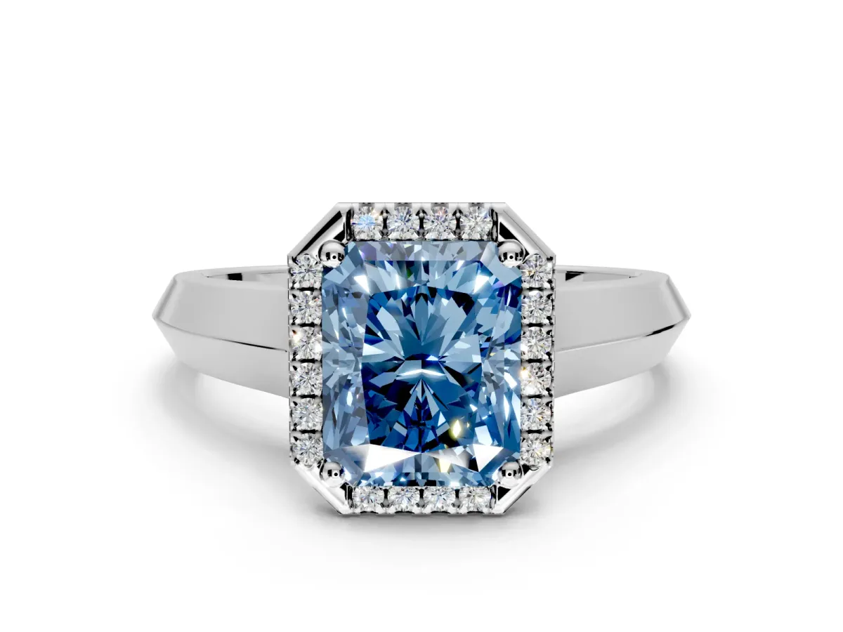 Halo Engagement Ring Setting for Fancy Blue Radiant Cut Center with Knife Ridge Cathedral Band and Prong Head in Sterling Silver