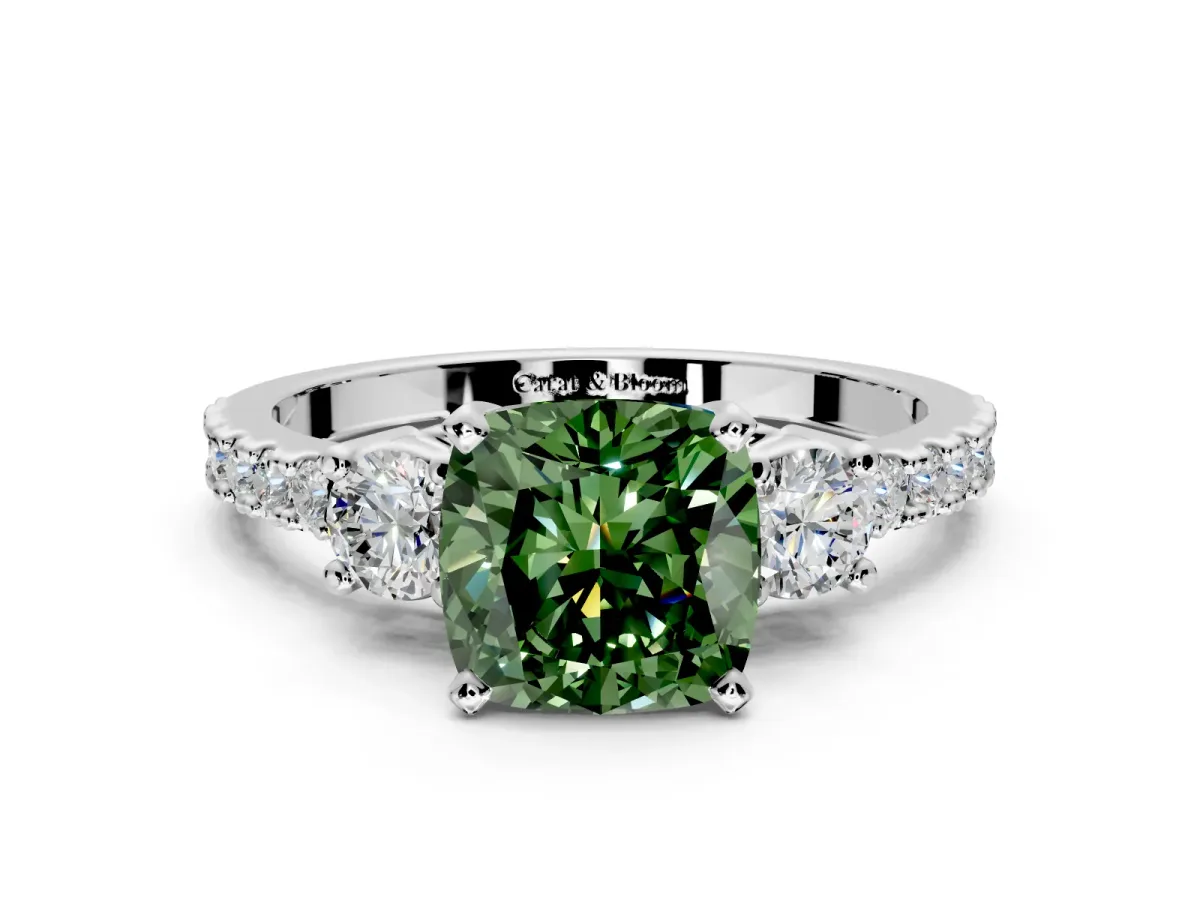 3 Stone Engagement Ring Setting for Fancy Green Cushion Cut Center with Round Cut Side Accents and Prong Head in White Gold