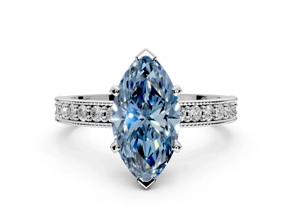Milgrain Pave Engagement Ring Setting for Fancy Blue Marquise Center with Accent Band and Prong Head in Sterling Silver