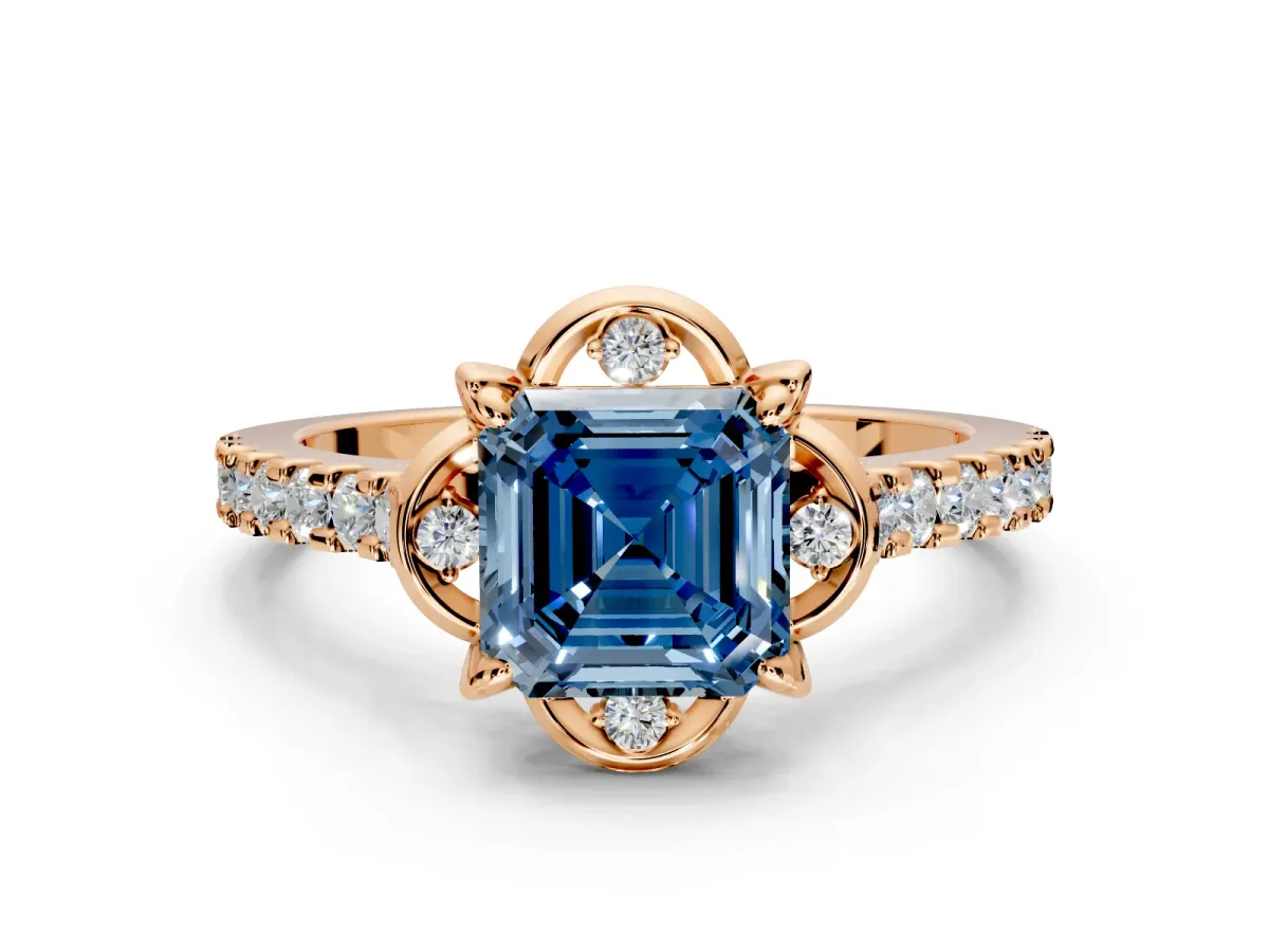 Floral Engagement Ring Setting for Fancy Blue Asscher Cut Center with Pave Band and Floral Prong Head in Rose Gold