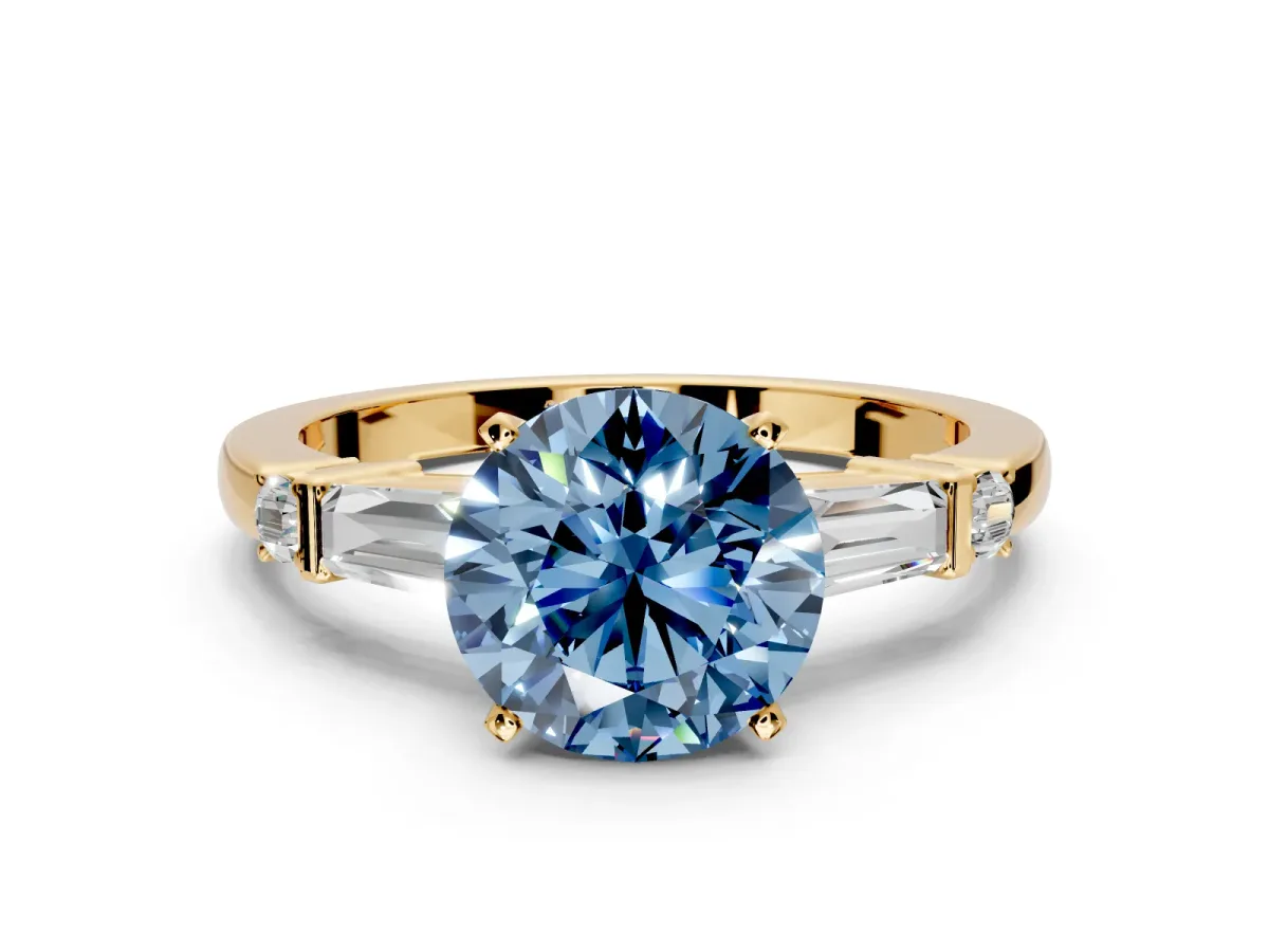 Bar-Set Engagement Ring Setting for Fancy Blue Round Cut Center with Tapered Baguette Accents and Prong Head in Yellow Gold