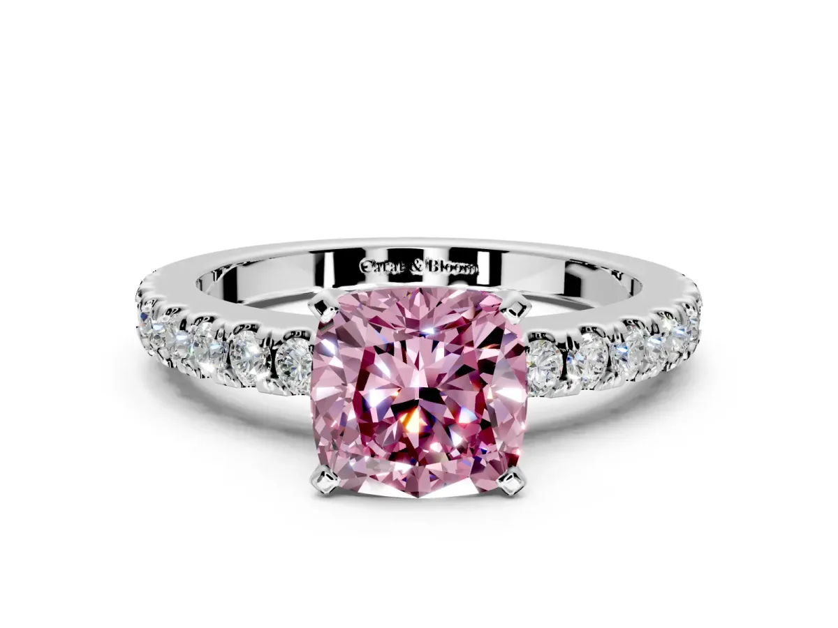 Solitaire Engagement Ring Setting for Fancy Pink Cushion Cut Center with Single Row Accent Band and Prong Head in Sterling Silver