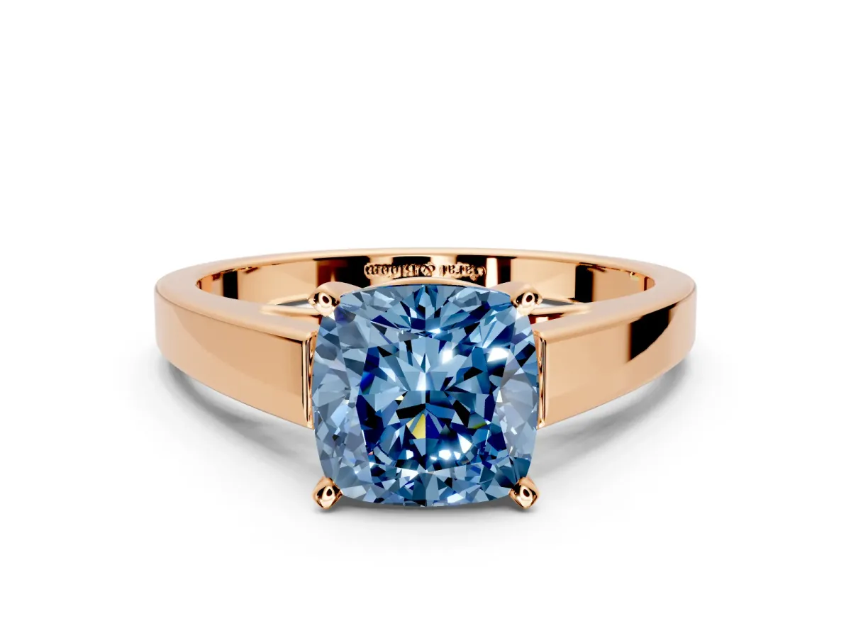 Solitaire Engagement Ring Setting for Fancy Blue Cushion Cut Center with Tapered Split Shoulders and Prong Head in Rose Gold