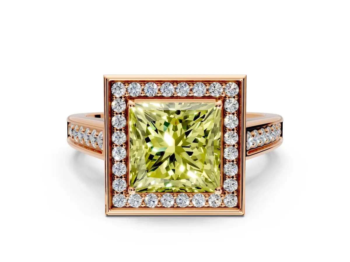 Halo Engagement Ring Setting for Fancy Yellow Princess Cut Center with Outer Bezel Rim, Pave Band and Prong Head in Rose Gold