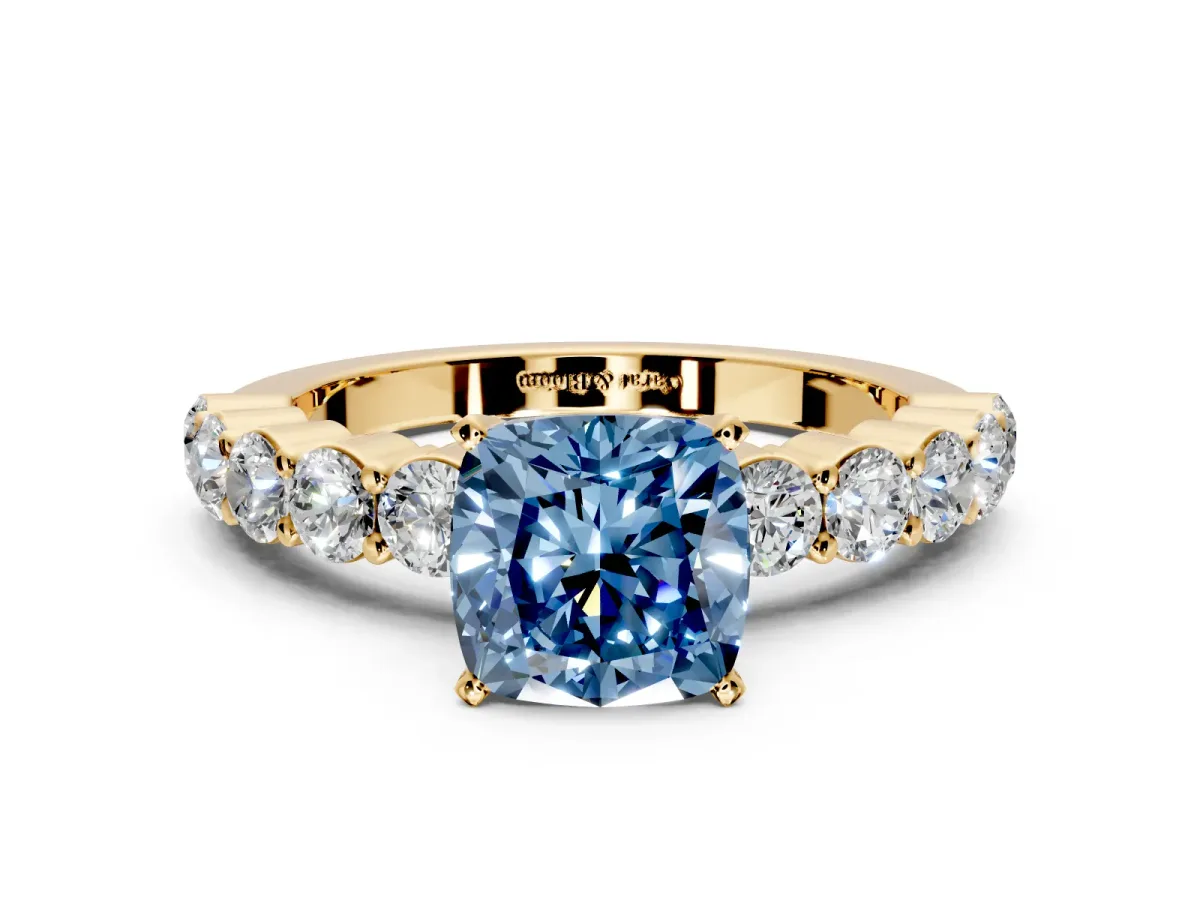 Shared-Prong Engagement Ring Setting for Fancy Blue Cushion Cut Center with Graduated Accents and Prong Head in Yellow Gold