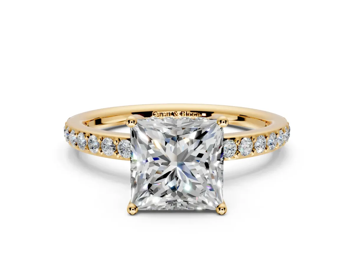 Solitaire Engagement Ring Setting for Princess Cut Center with Fine Pave Band and Prong Head in Yellow Gold
