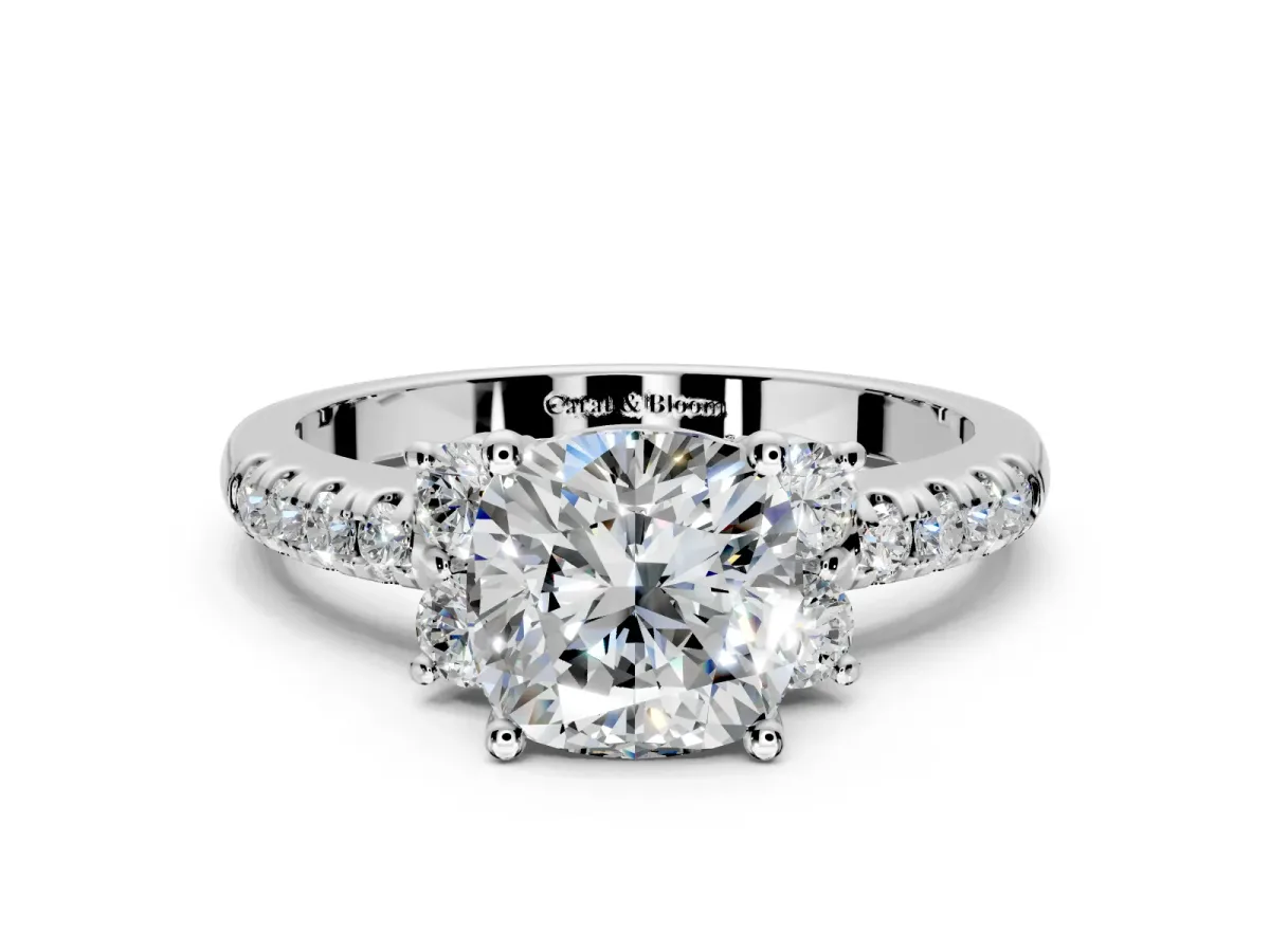 Paired Accent Engagement Ring Setting for Cushion Cut Center with Pave Band and Prong Head in Sterling Silver