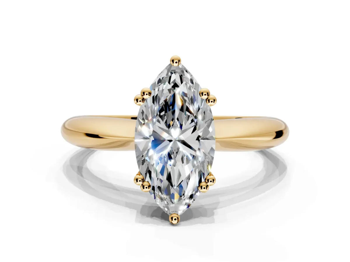 Solitaire Engagement Ring Setting for Marquise Center with Reverse Tapered Band and Prong Head in Yellow Gold