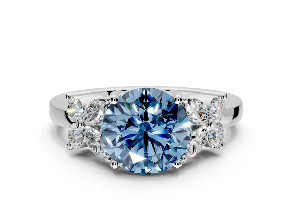 Floral Engagement Ring Setting for Fancy Blue Round Cut Center with Marquise Cluster Shoulders and Prong Head in Sterling Silver