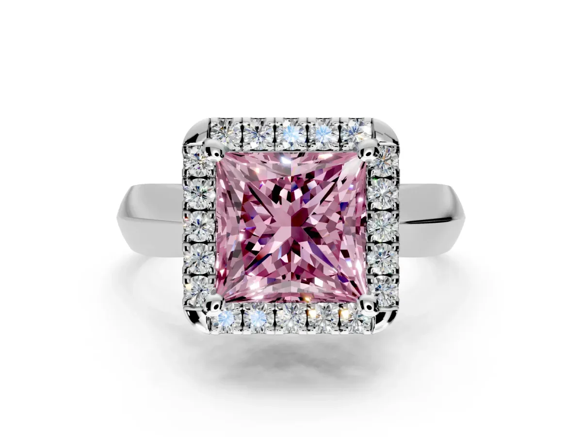 Halo Engagement Ring Setting for Fancy Pink Princess Cut Center with Square Band and Prong Head in Platinum