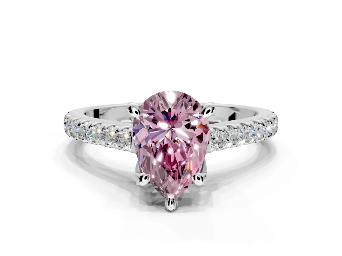 Solitaire Engagement Ring Setting for Fancy Pink Pear-Shaped Center with Widening Pave Band and Claw Prong Head in White Gold
