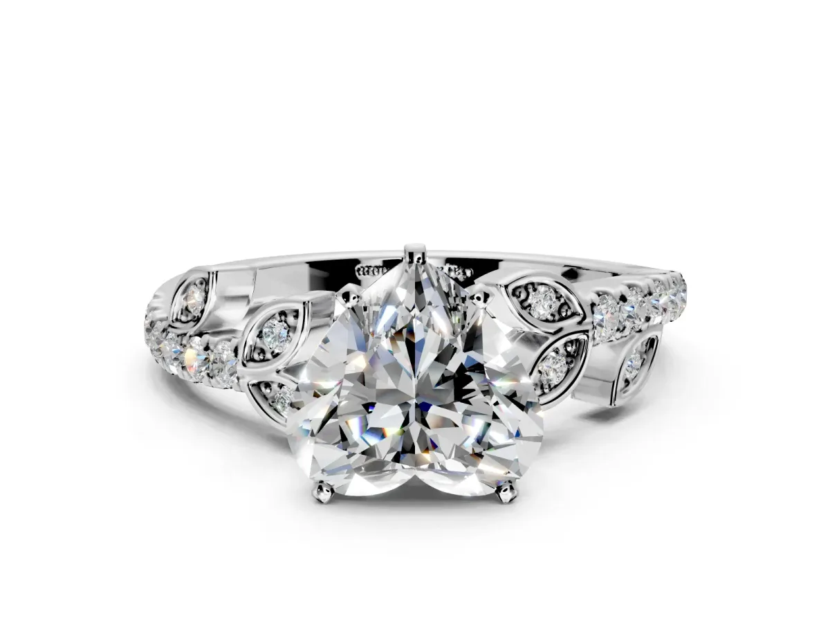 Leaf Motif Engagement Ring Setting for Heart-Shaped Center with Pave Band and Prong Head in White Gold