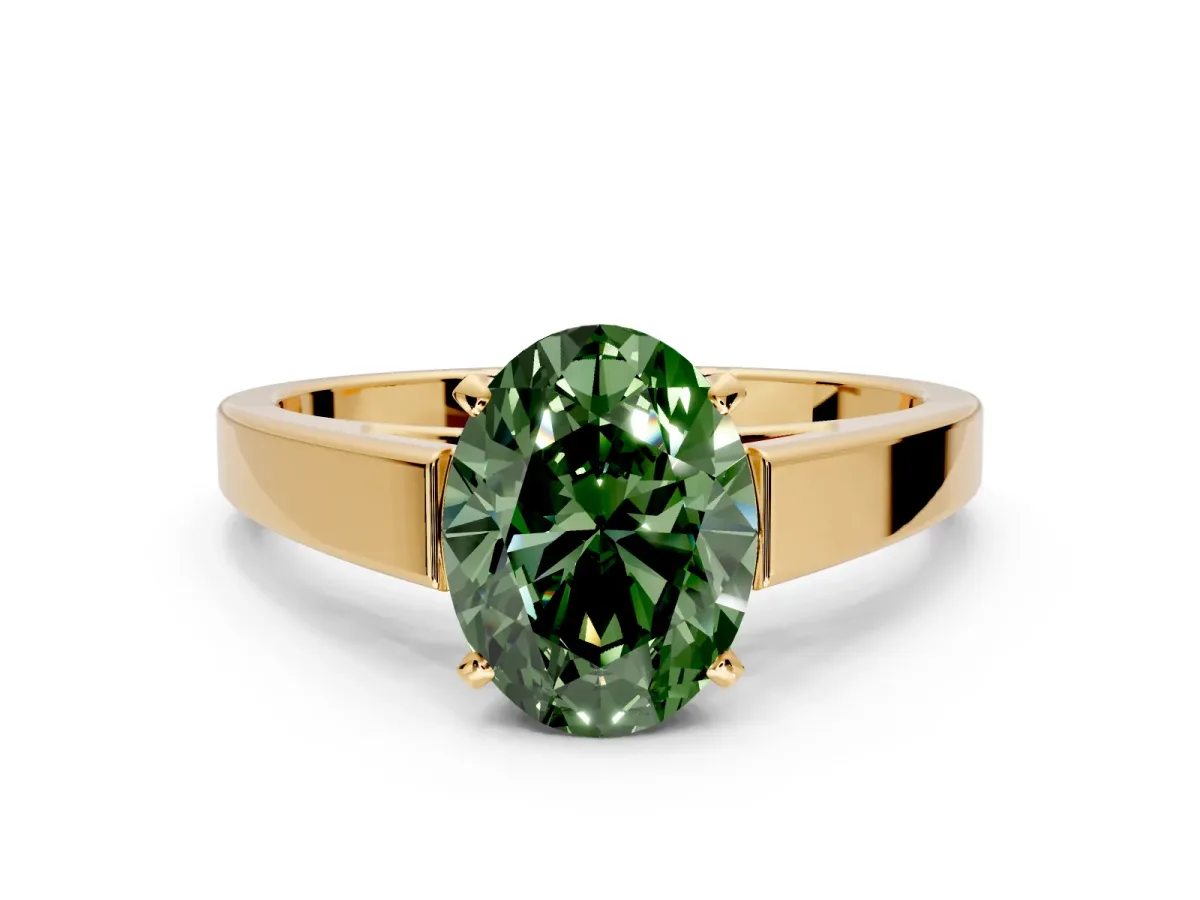 Solitaire Engagement Ring Setting for Fancy Green Oval Center with Tapered Split Shoulders and Prong Head in Yellow Gold