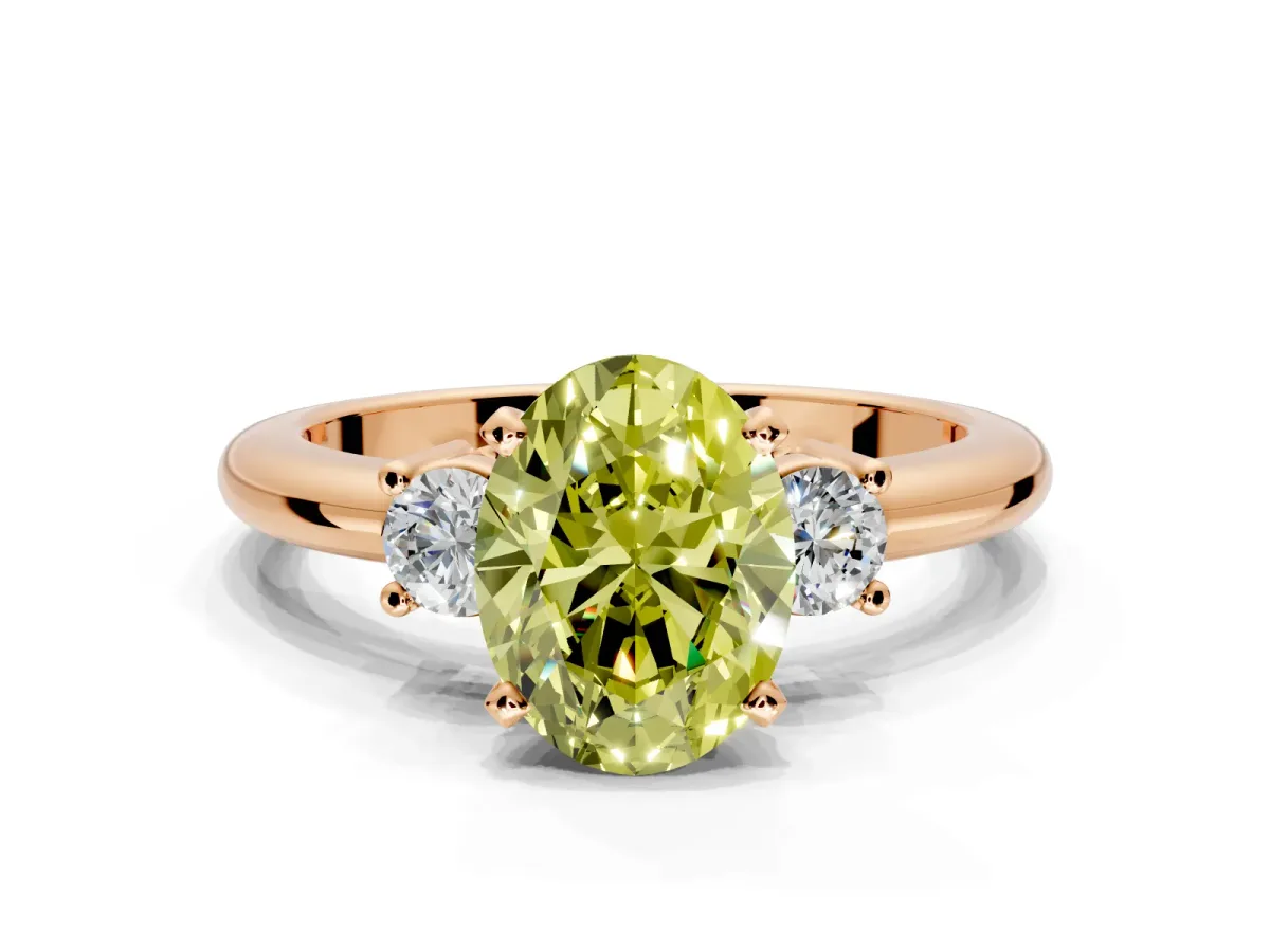 3 Stone Engagement Ring Setting for Fancy Yellow Oval Center with Wide Plain Band and Prong Head in Rose Gold