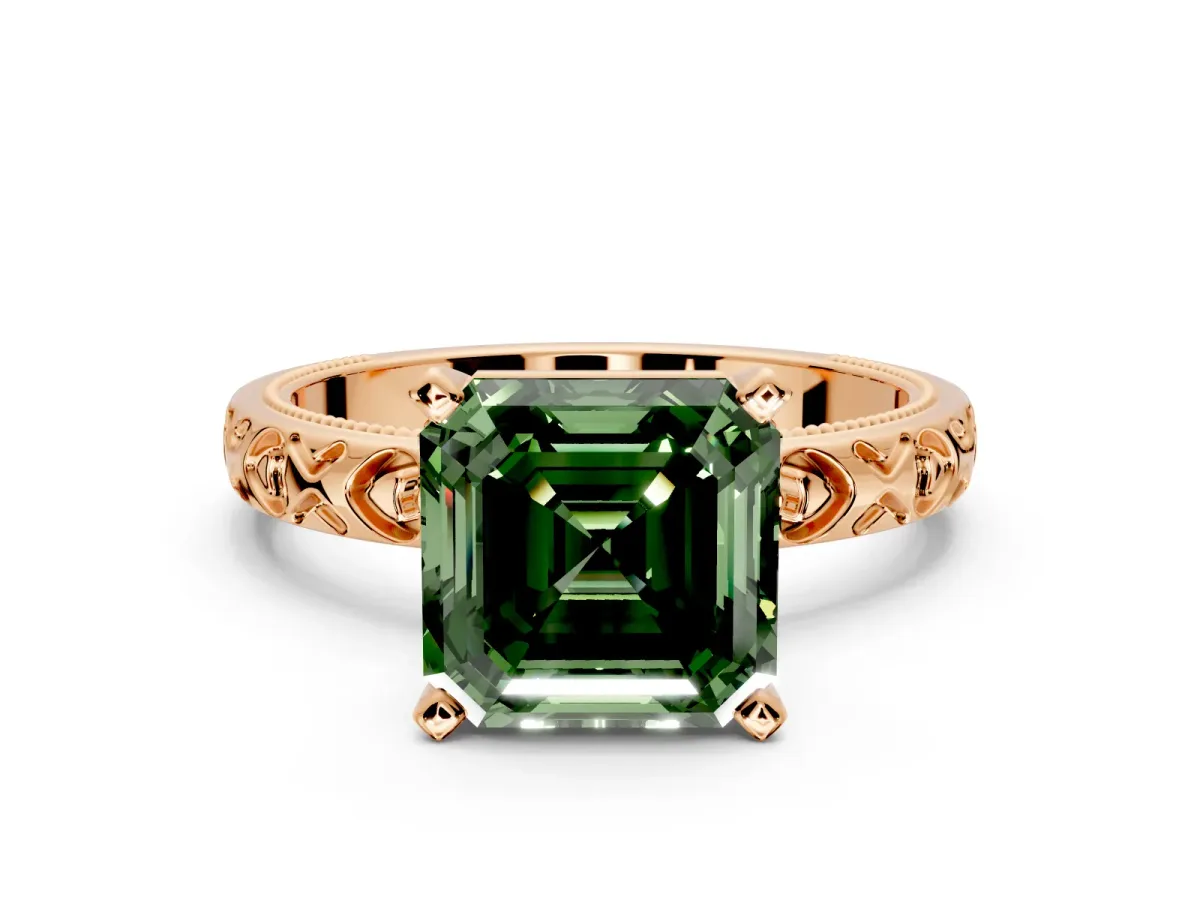 Solitaire Engagement Ring Setting for Fancy Green Asscher Cut Center with XO Engraved Band and Prong Head in Rose Gold