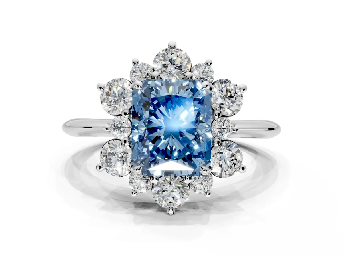 Small-Accent Cluster Halo Engagement Ring Setting for Fancy Blue Radiant Cut Center with Plain Band and Prong Head in Sterling Silver