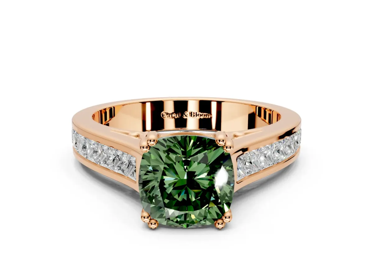 Solitaire Engagement Ring Setting for Fancy Green Cushion Cut Center with Channel Band and Double Claw Prong Head in Rose Gold