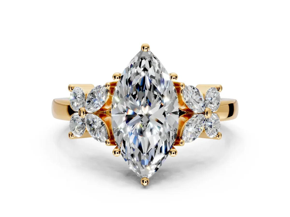 Floral Engagement Ring Setting for Marquise Center with Marquise Cluster Shoulders and Prong Head in Yellow Gold