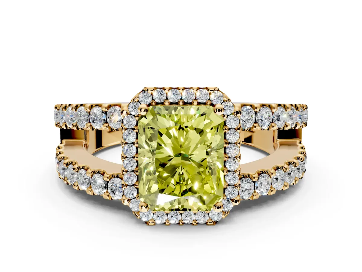 Halo Engagement Ring Setting for Fancy Yellow Radiant Cut Center with Wide-Open Pave Split Shank and Prong Head in Yellow Gold