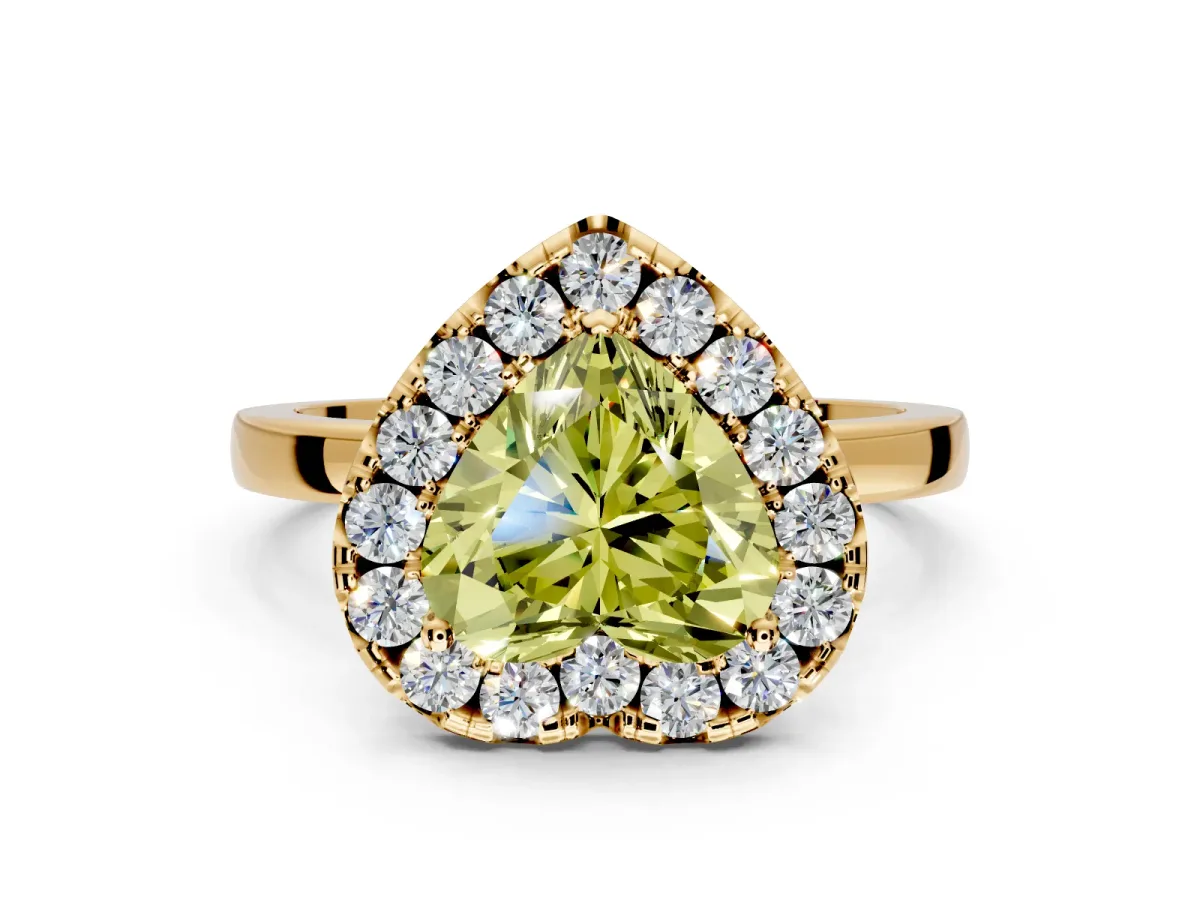 Halo Engagement Ring Setting for Fancy Yellow Heart-Shaped Center with Thin Plain Band and Prong Head in Yellow Gold