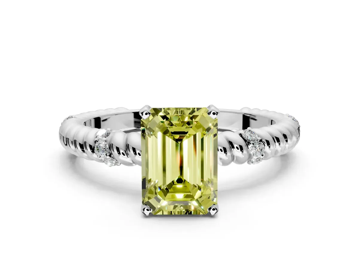 Rope Engagement Ring Setting for Fancy Yellow Emerald Cut Center with Accent Shoulders and Prong Head in White Gold