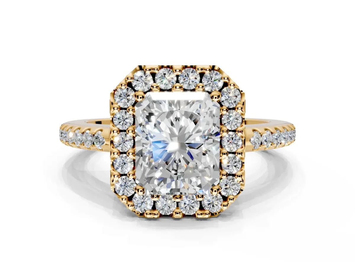 Pave Halo Engagement Ring Setting for Radiant Cut Center with Single Row Pave Band and Prong Head in Yellow Gold