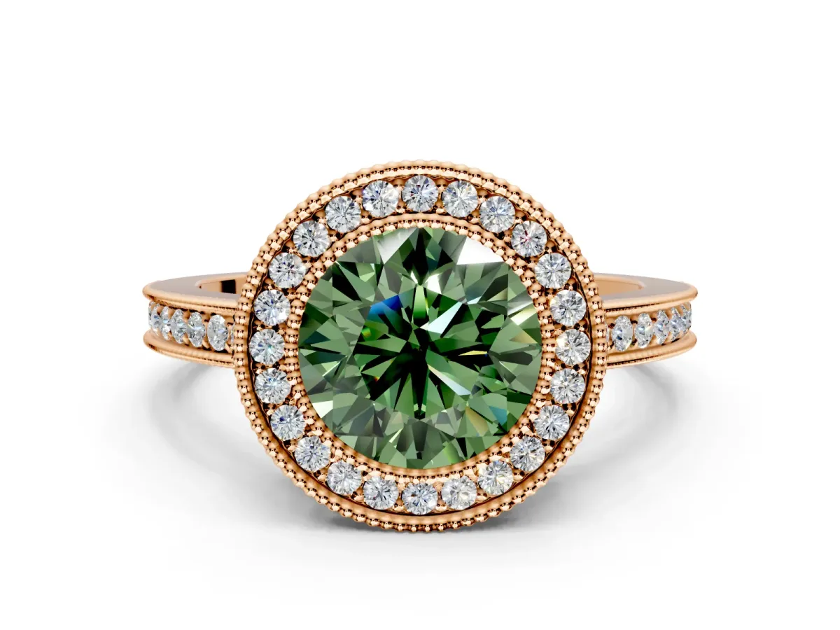 Halo Engagement Ring Setting for Fancy Green Round Cut Center with Milgrain Halo, Pave Band and Prong Head in Rose Gold